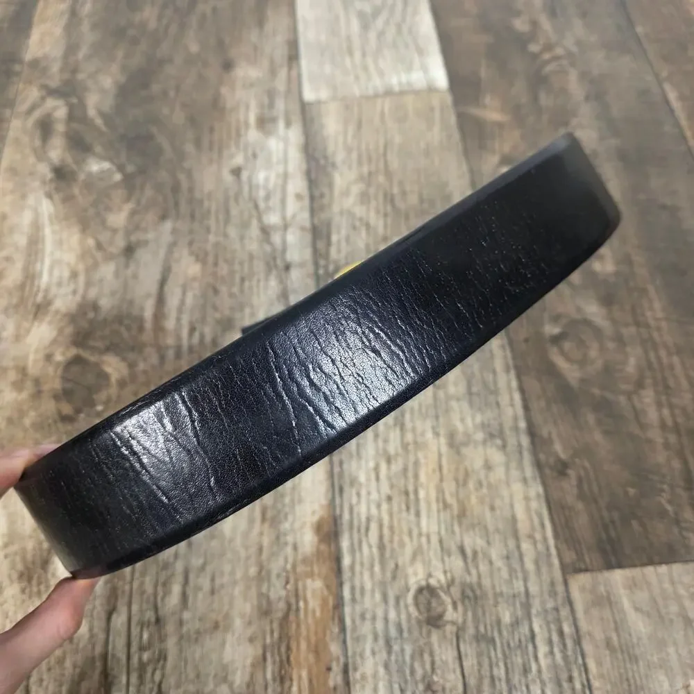 VINT Black Buffalo Calf Waist Leather Belt Gold Buckle Linda Allard Ellen Tracy